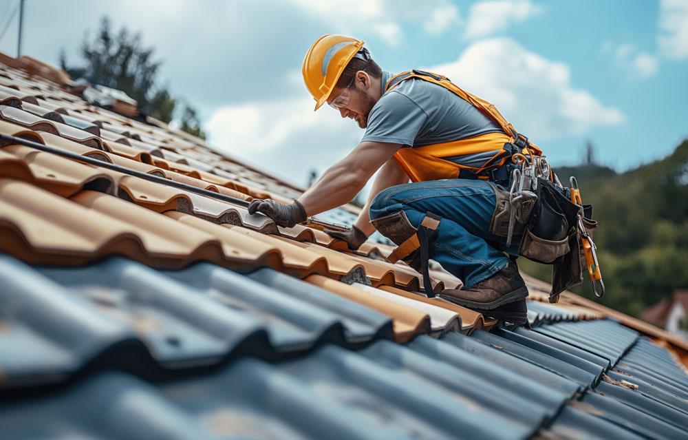 Roofer in safety gear working on clay roof tiles