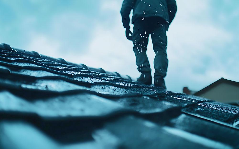Person walking on wet roof tiles in the rain