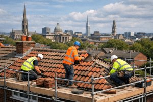 Three roofers in high-visibility gear work on a tiled roof with scaffolding and a city skyline behind