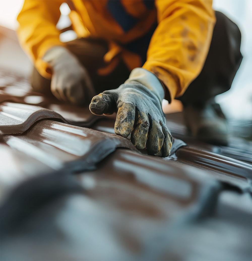 Gloved worker handling overlapping roof tiles