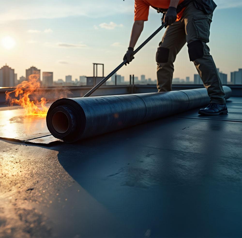 Worker using a torch to roll roofing membrane on a flat rooftop