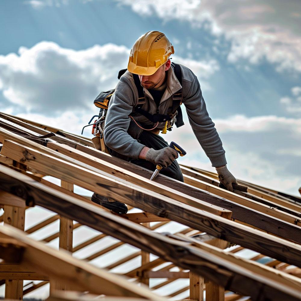 Roofer in a yellow hard hat working on wooden roof framing against a cloudy sky