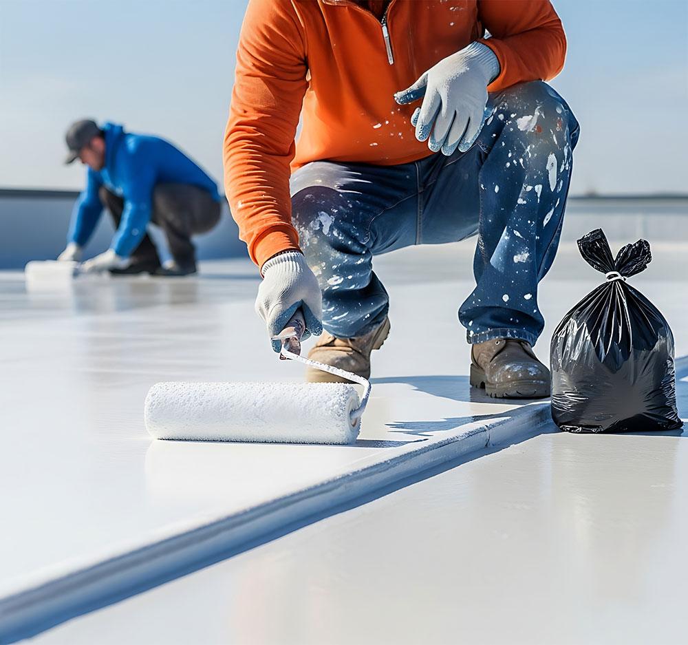 Worker rolling white coating on a flat roof with another worker in the background