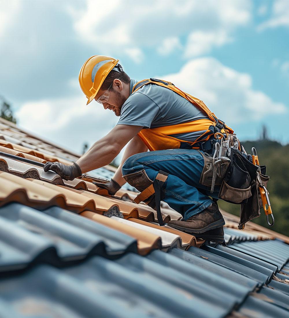 Roofer in safety gear working on a tiled roof with tools at his waist