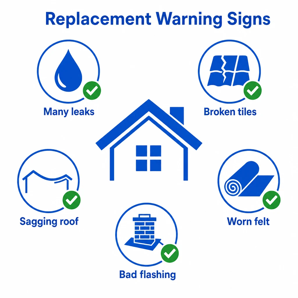 Checklist graphic of signs that may point to roof replacement.