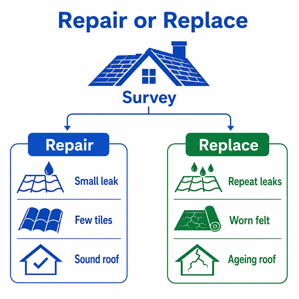Decision chart comparing further roof repair with roof replacement.