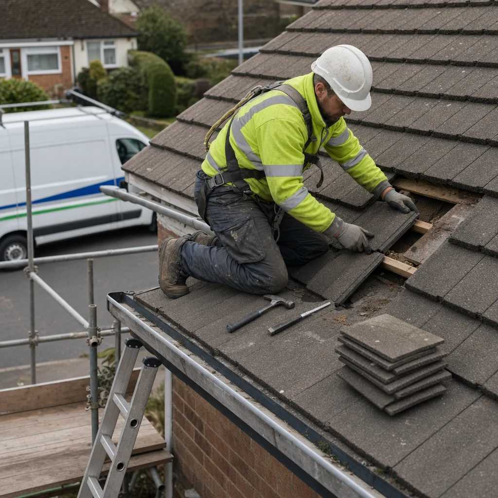 Roofer replacing a few damaged tiles on an otherwise sound roof.