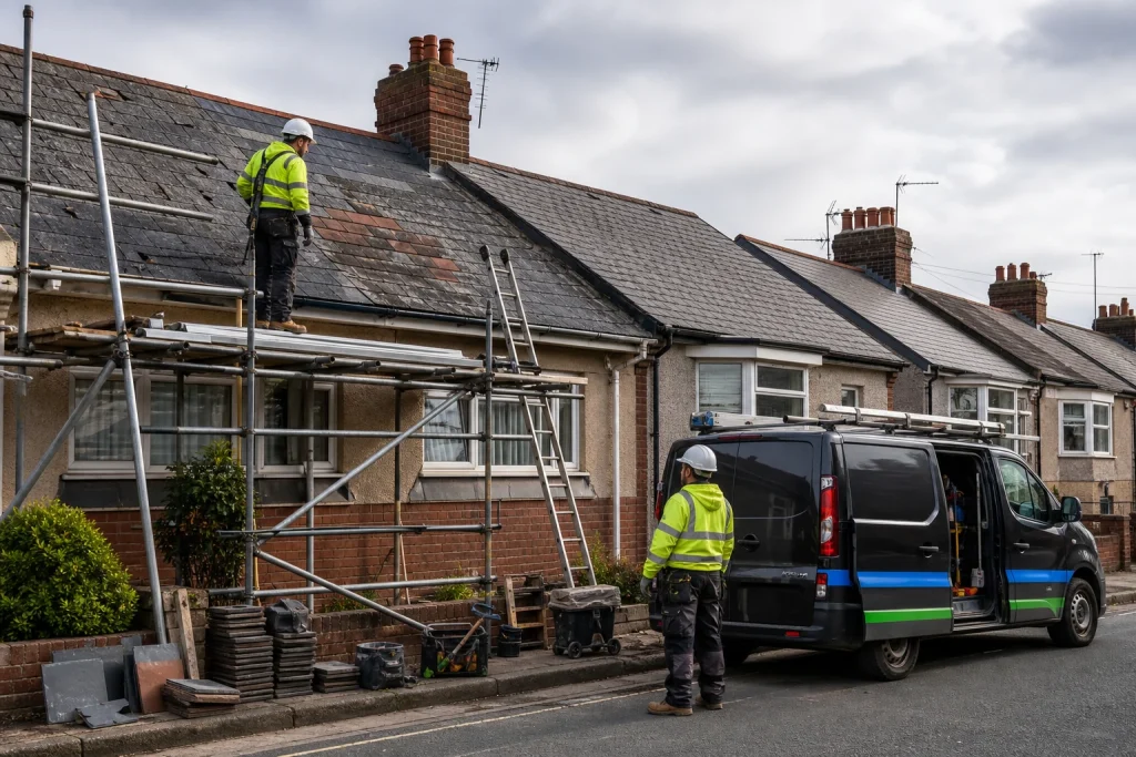 Roofers inspect a patched tiled roof with scaffolding and replacement tiles.
