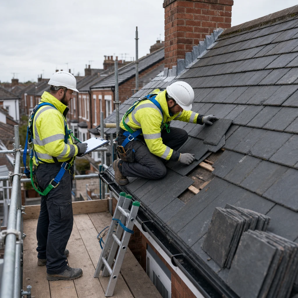 Roofers inspect tiles, felt, battens, flashing and gutters from scaffolding.