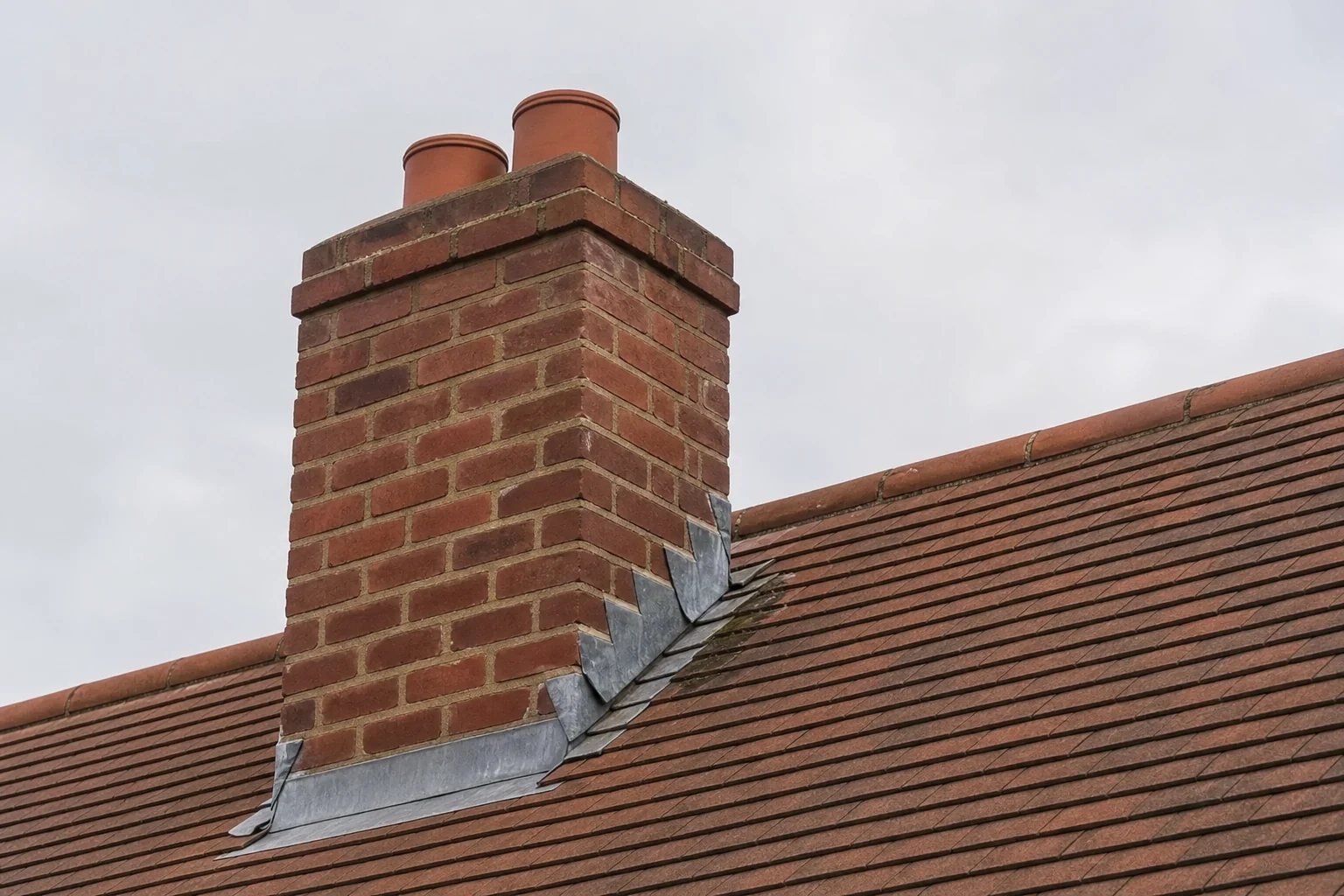 Aged chimney flashing on a tiled roof