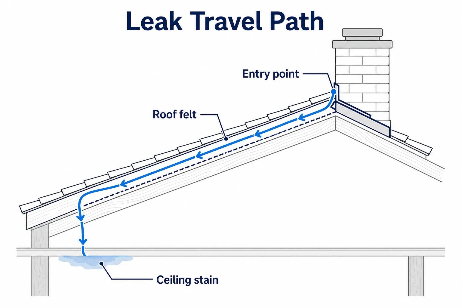Diagram of water travelling from chimney flashing to a ceiling stain