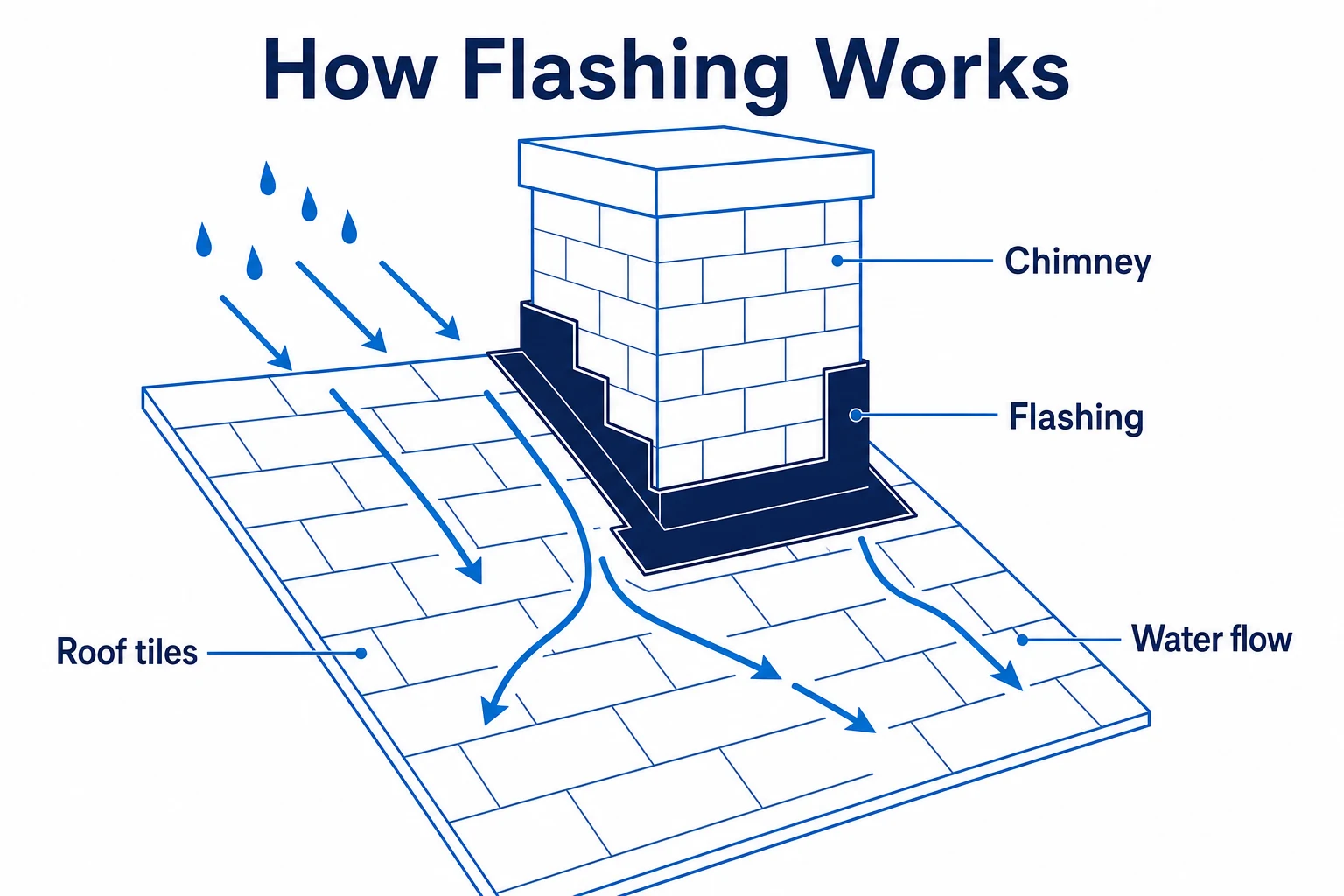 Diagram showing how chimney flashing directs water away