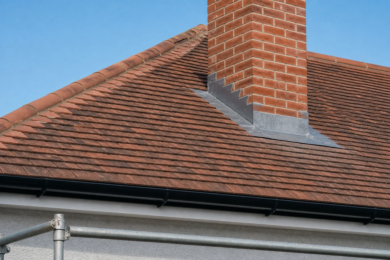 Neat chimney flashing and gutter detail on a finished tiled roof.