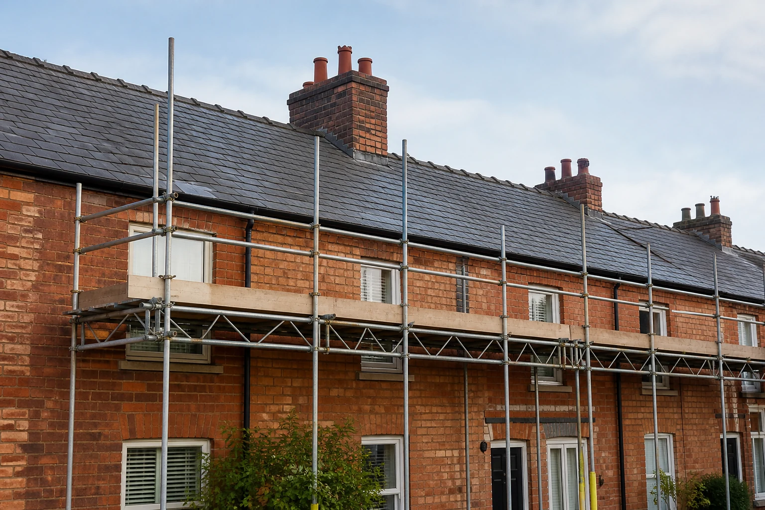 Scaffolding providing safe access along a slate roofline.