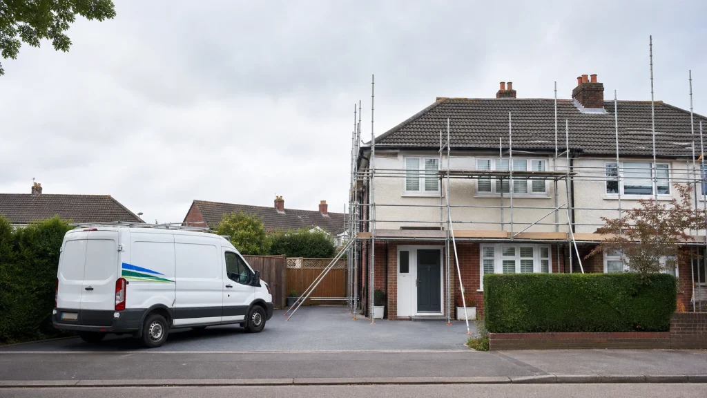 Scaffolding set up around a tiled UK home for roof replacement.