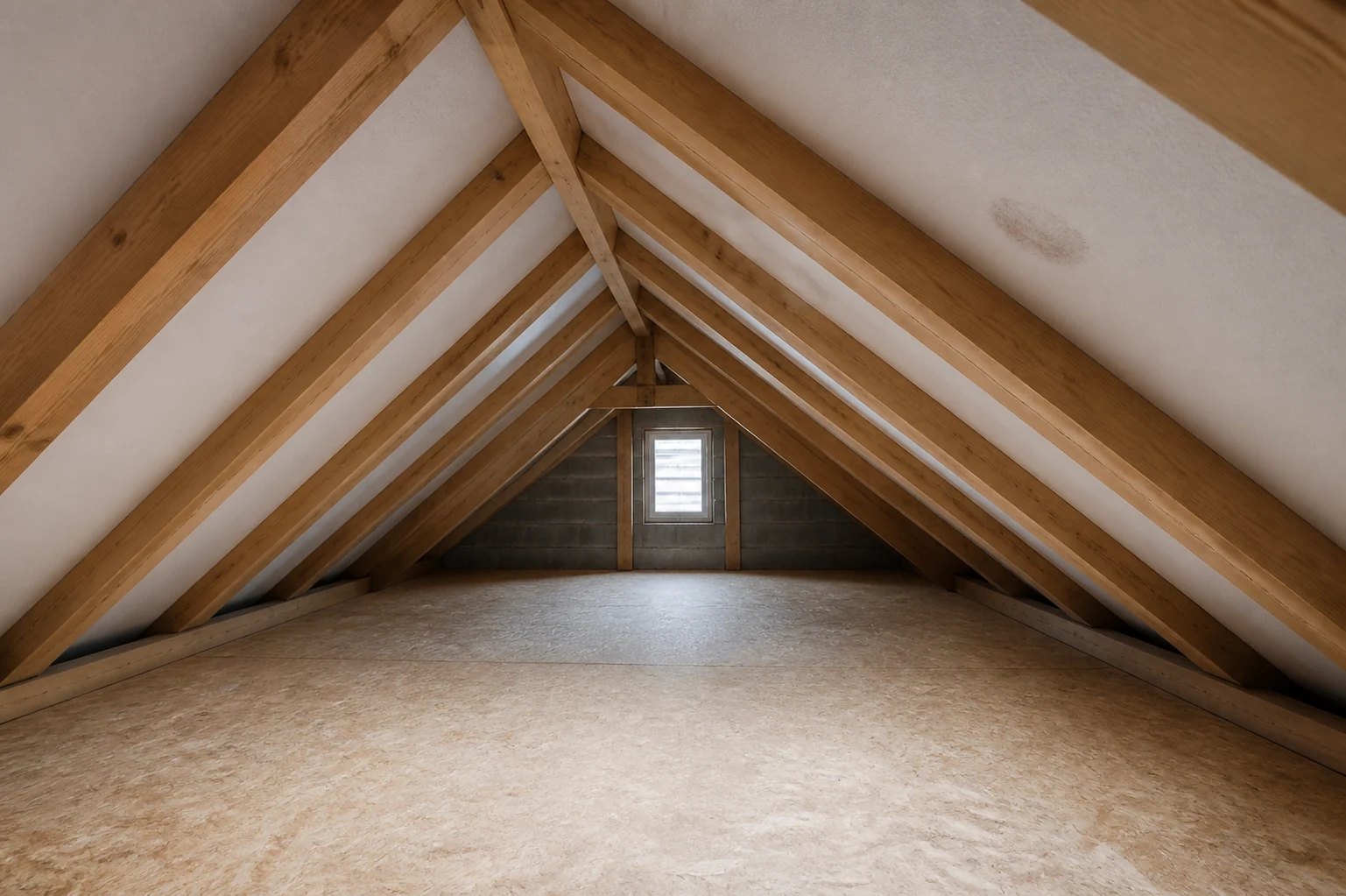 Small damp mark inside a tidy loft beneath a pitched roof.