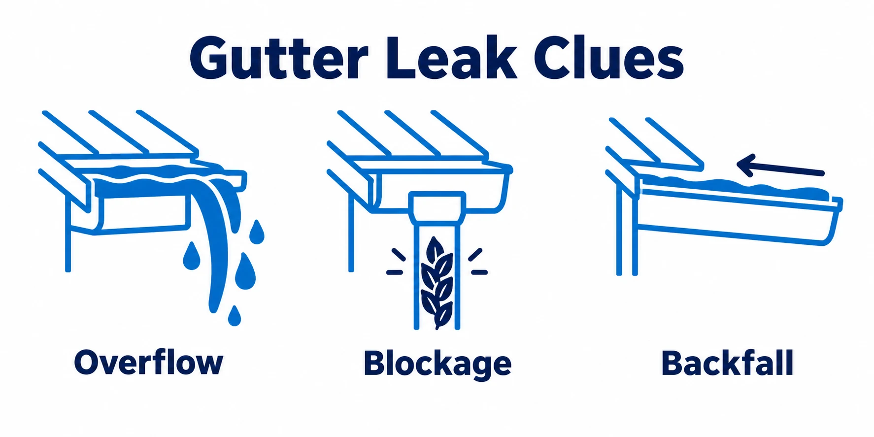 Graphic showing gutter overflow blockage and backfall issues