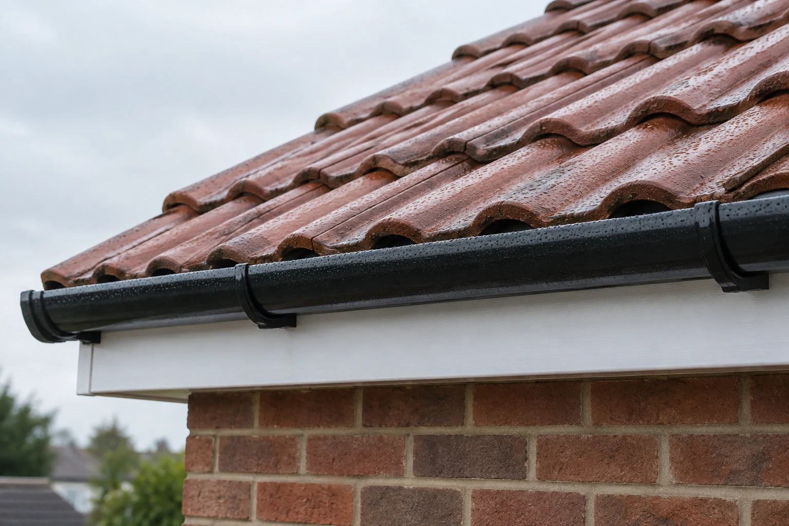 Roof edge showing tiles fascia and guttering