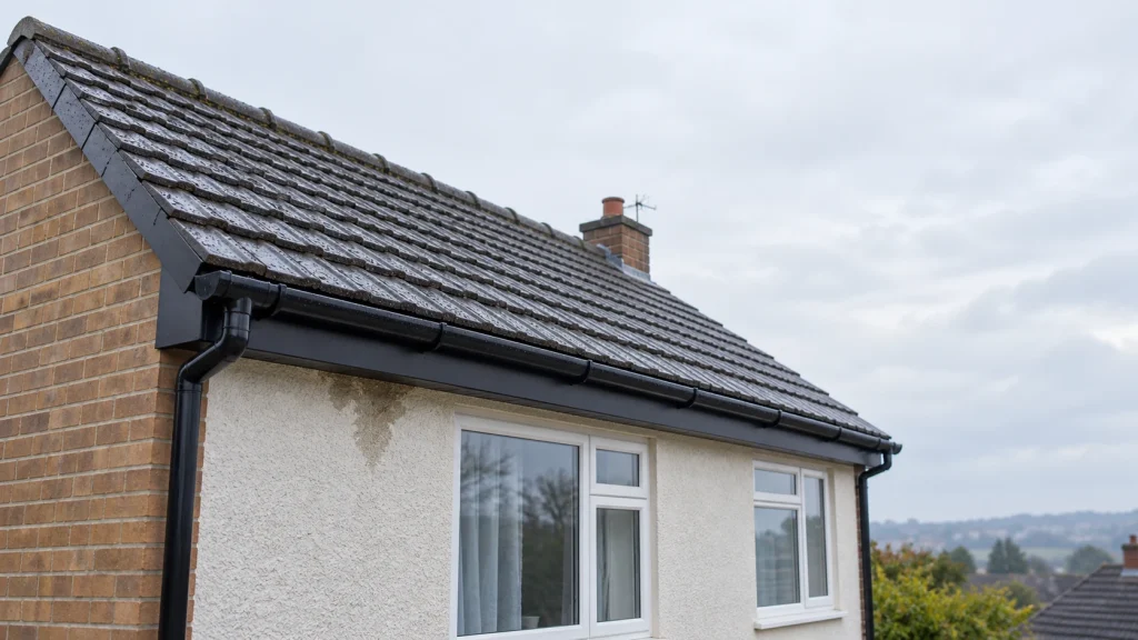 UK tiled roof edge with guttering after rain